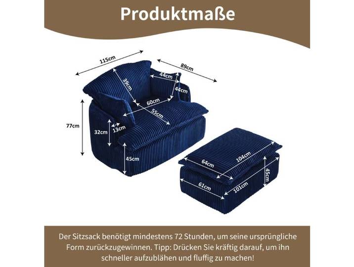 Fauteuil compressé bleu en tissu corduroy avec pouf sans montage pour petits espaces