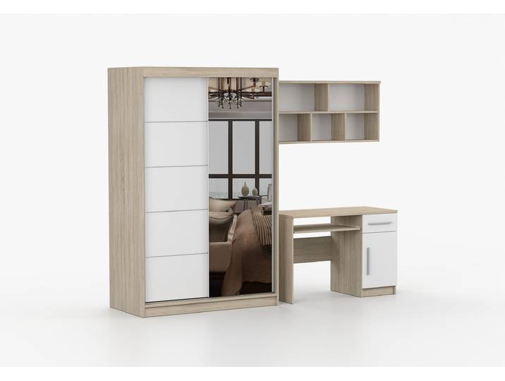 Jugendzimmer Komplett – Set TOBBY SB 05 (3-teilig) Sonoma Eiche Weiß + Spiegel