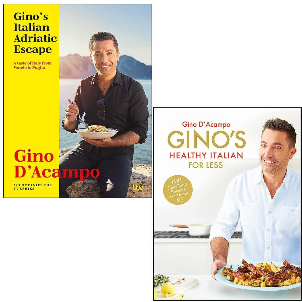Hodder & Stoughton Gino D'Acampo 2 Book Set Hardback - Adriatic Escape & Healthy Italian for Less - Authentic Budget-Friendly Italian Cookbooks