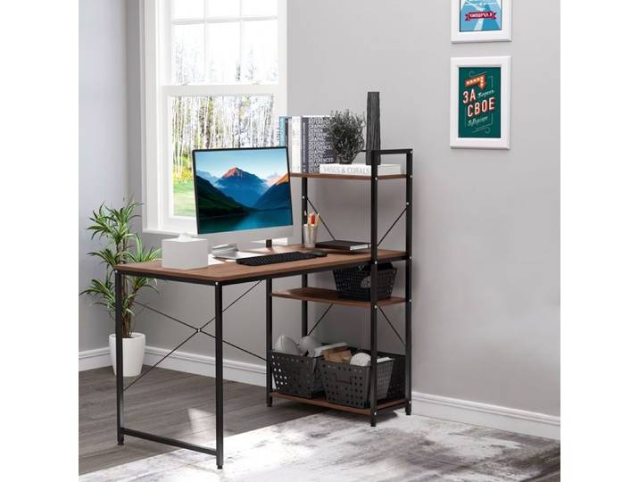 LIA Bureau d'angle avec rangement design Industriel avec bibliothèque 3 étagères panneaux particules aspect noyer métal noir