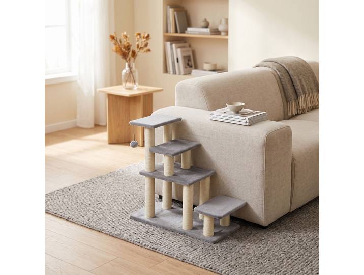 PawHut Escalier Réglable 3/4 Marches Chat Chien Sisal Gris