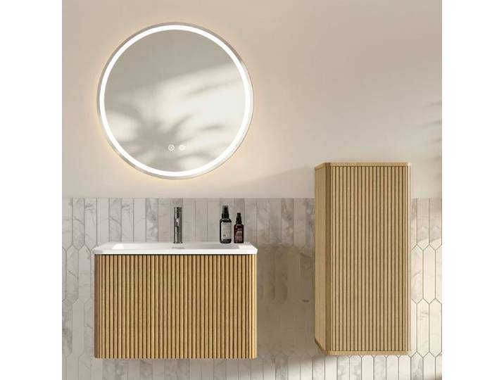 ELVORIN ensemble salle de bain 60 cm avec meuble sous vasque suspendu miroir LED rond et colonne décor chêne