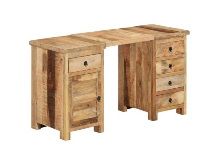 Todiikf Schreibtisch Massivholz Mangoholz Bürotisch Retro 140x50x77 cm Flexibler Arbeitstisch fürs Arbeitszimmer mit 5 Schubladen, 1 Schrank & abnehmbarer Tischplatte aus echtem Holz.
