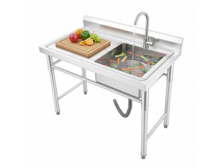 Freistehende Edelstahl Küchenspüle 100x60 cm mit Wasserhahn und 1 Becken Spülbecken mit Großer Arbeitsfläche und Ablauf für Gastronomie, Restaurant, Waschküche, Werkstatt, Garten und Außenbereich
