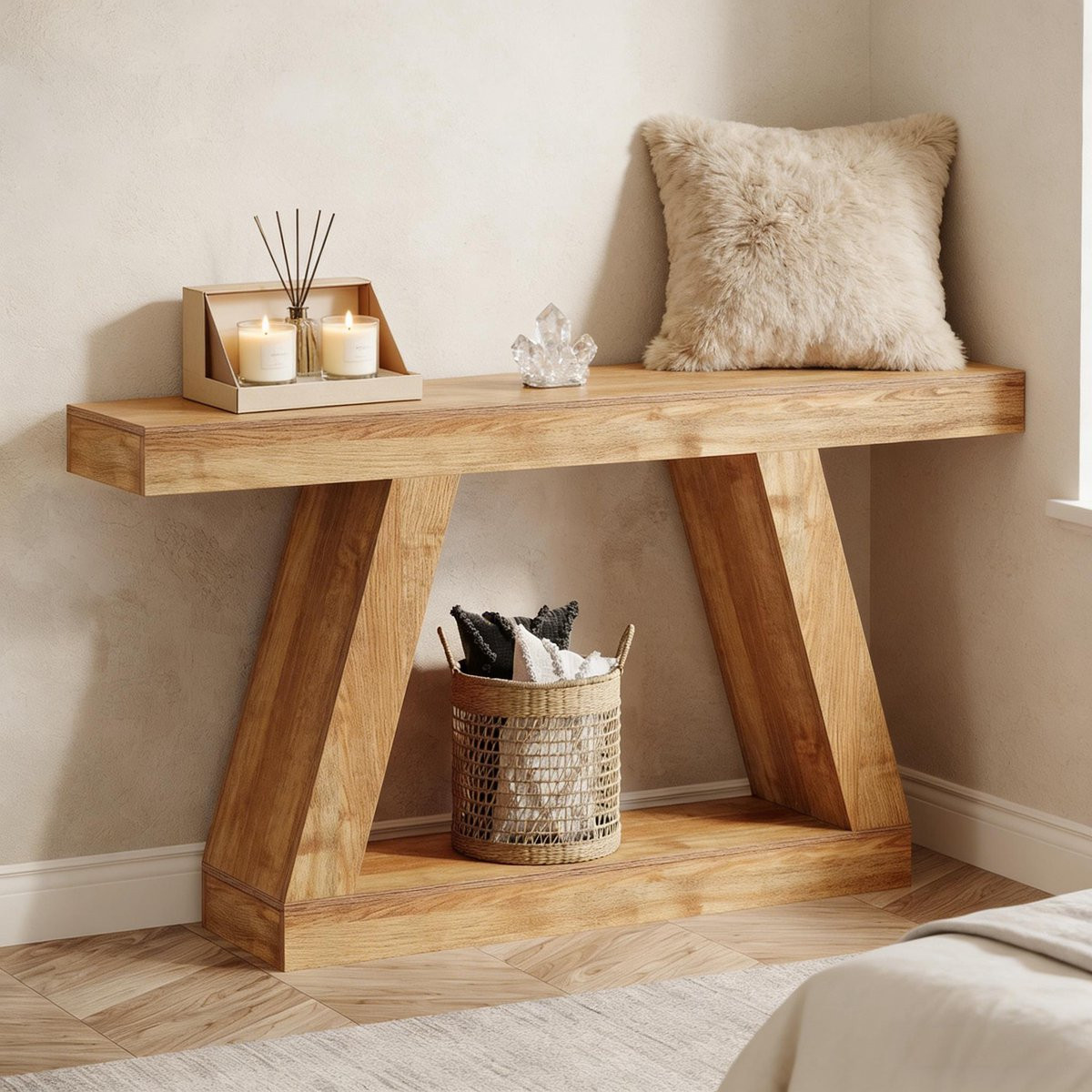 OKWISH Consoletafel met opbergruimte in rustieke stijl, MDF Naturel, Lengte: 140 cm