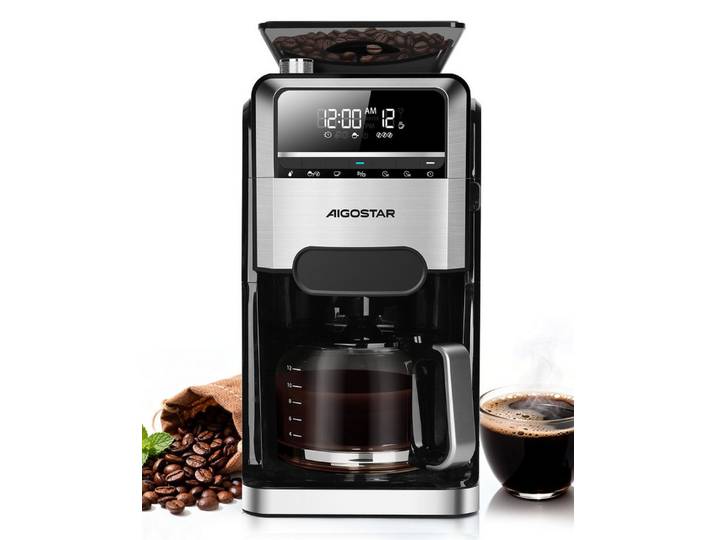 Aigostar Kaffeemaschine mit Mahlwerk 12 Tassen Filterkaffeemaschine, 7 Mahlgrade, 3 Brühstärken, 24H Timer, 1.5l Kaffeekanne, Wiederverwendbare Filter, Warmhaltefunktion, Selbstreinigungsfunktion, Intelligente Erinnerung
