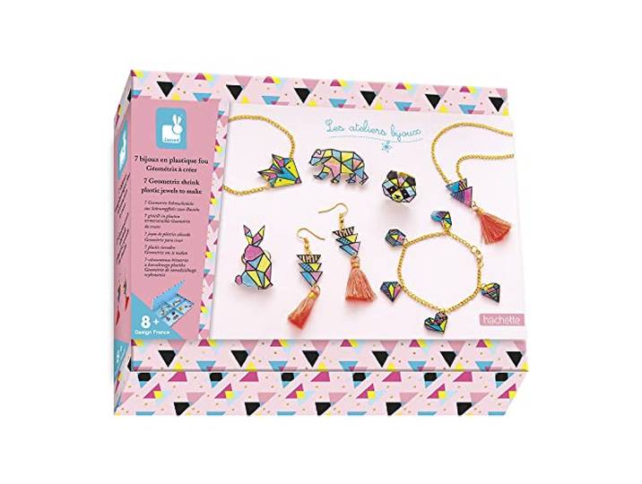 Janod - Set van 7 sieraden van gekke geometrische kunststof om te maken – Ateliers sieraden – creatieve vrijetijdsset voor kinderen – beweeglijkheid en concentratie – vanaf 8 jaar, J07996,