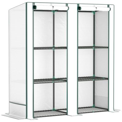 STILVORA Anlehngewächshaus Stahl Weiß 144x48x152/142 cm mit 3 Regalen, 2 Rolltüren