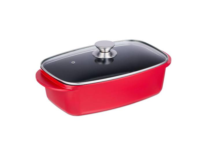 Relaxdays Bräter Rot Aluminium antihaft Glasdeckel 5 l, Mehrfarbig, Metall, Glas, 39.5x16x22 cm, Kochgeschirr, Töpfe, Bräter