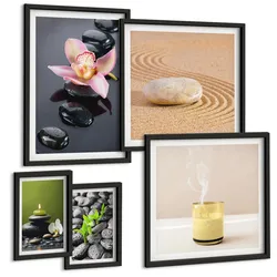 BILDER SET 5er Set - 50x50 cm & 20x30 cm & 40x60 cm Schwarzer Rahmen - Der Frieden der Natur mit Buddha