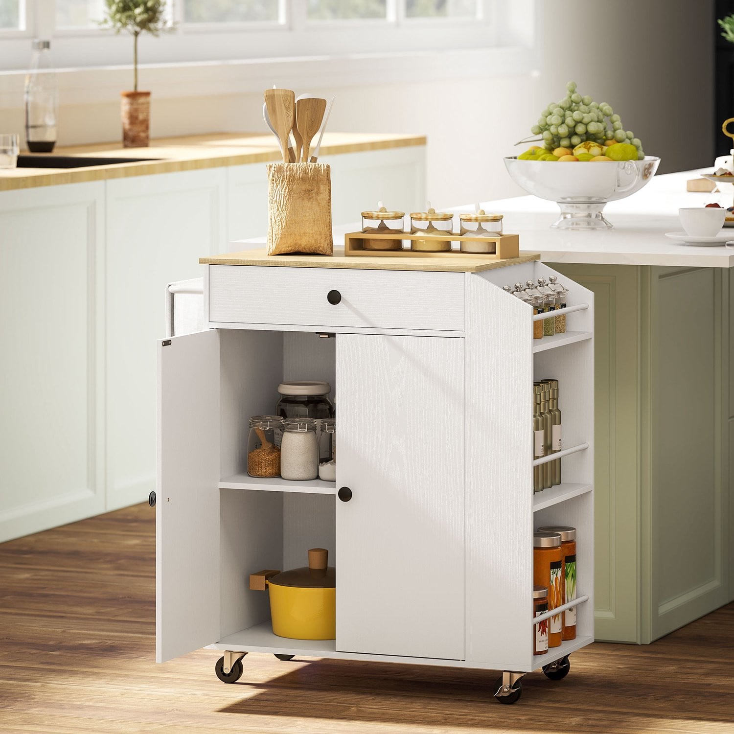 CHICFURN Keukenwagen met lade en kast, wit, mobiele opbergruimte met zwenkwielen