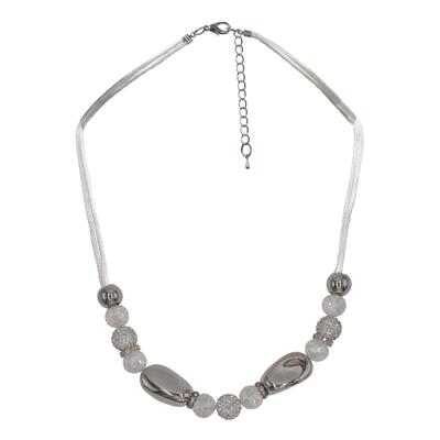 Collierkettchen STEUER "Textil Metal glanz poliert Glasstein weiß", silber (weiß), Halsketten, Damen, 59cm, Metall, L: 59 B: 18mm, glänzend, B:18mm