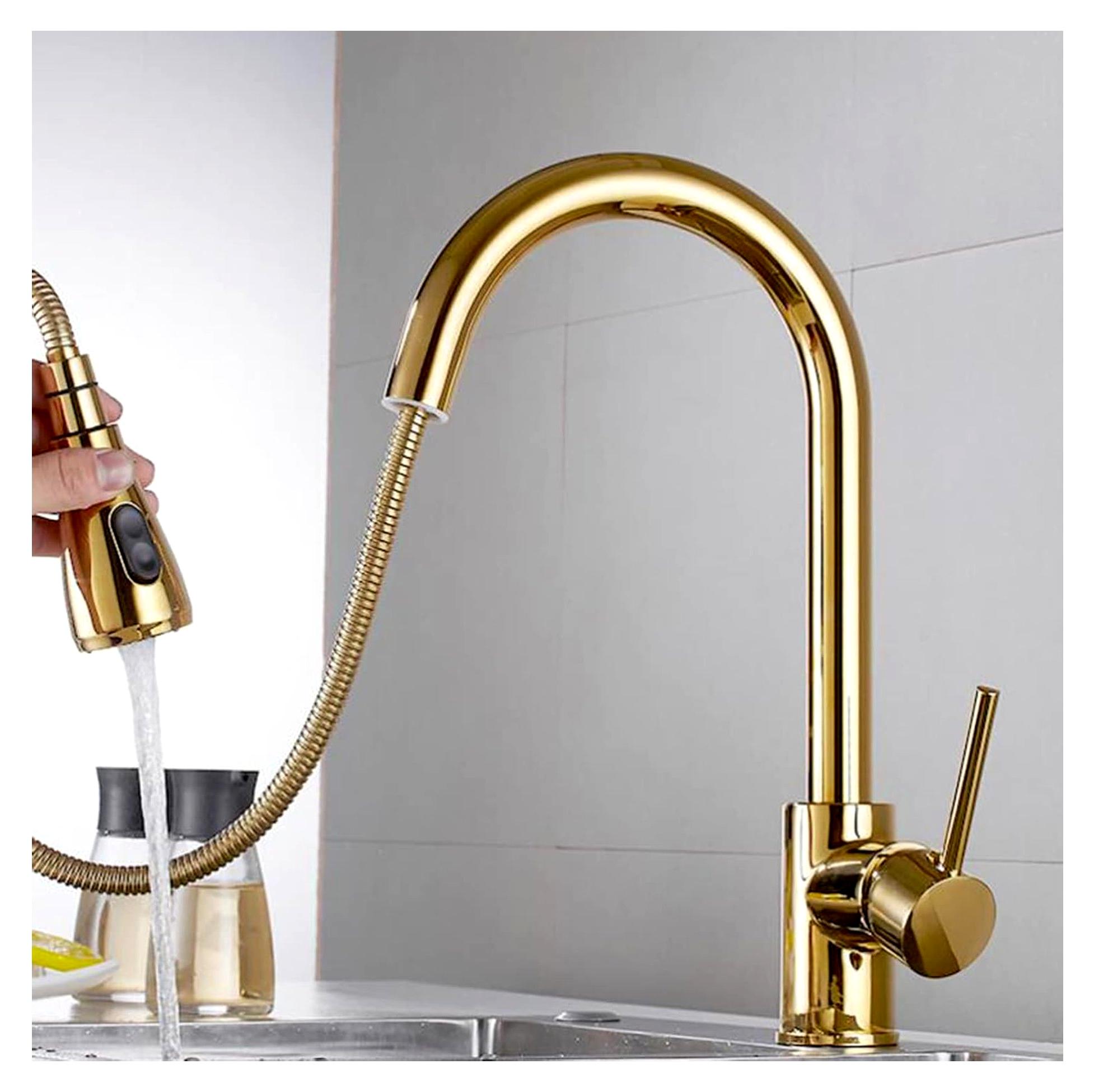 Ausziehbare Küchenarmatur in Goldfarbe mit drehbarem Teleskopauslauf für heißes und kaltes Wasser