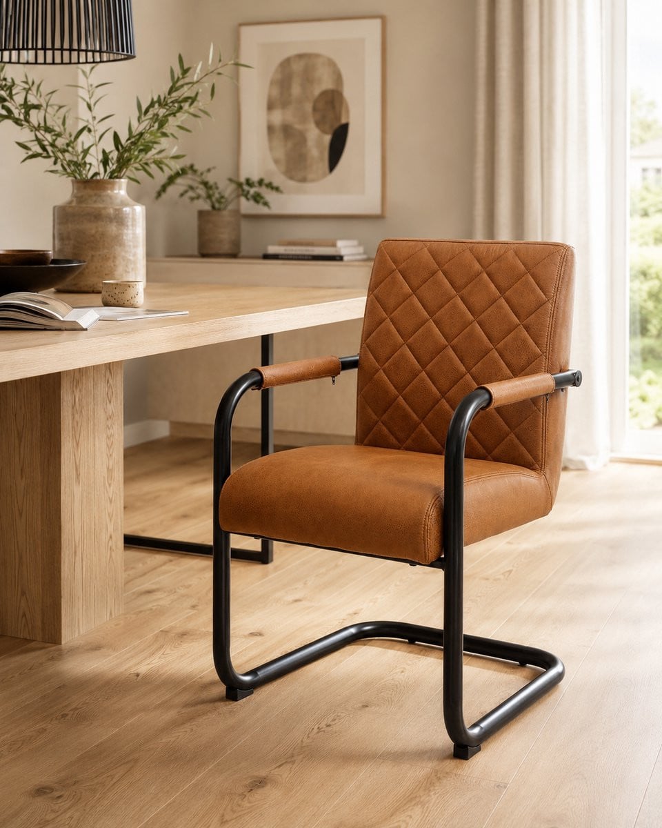 Eetkamerstoel Lynn Micro Leder Cognac met Armleuningen