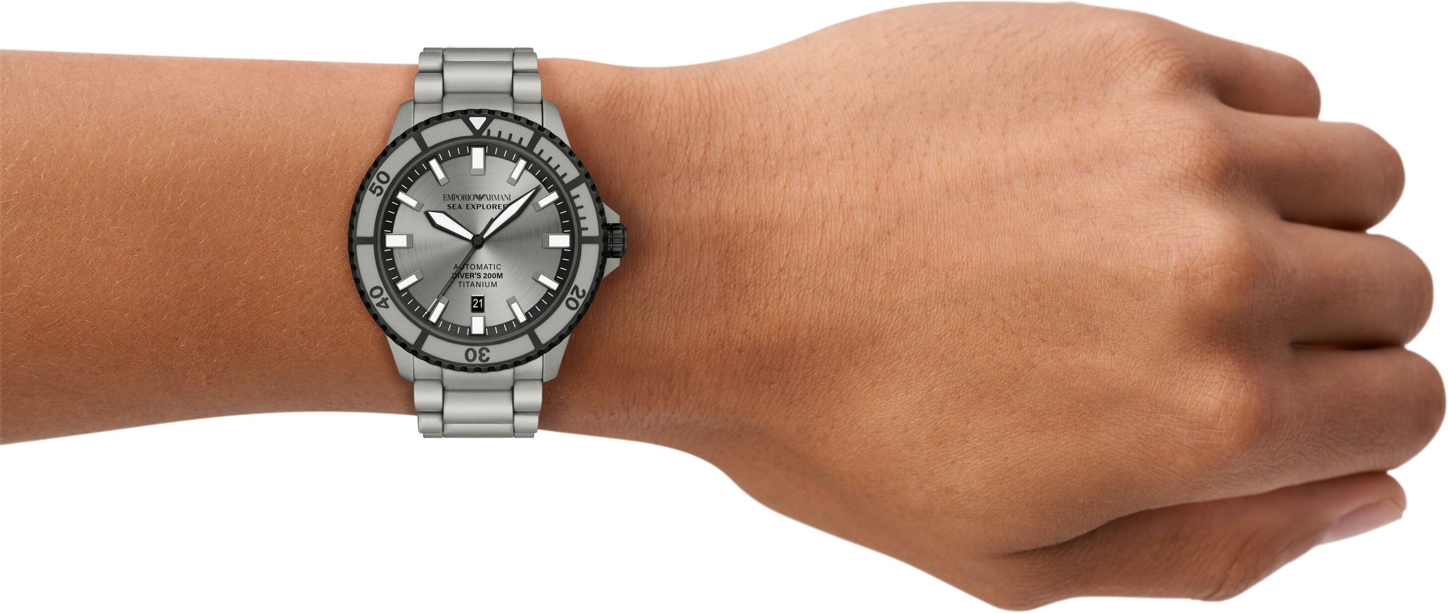 Automatikuhr EMPORIO ARMANI "SEA EXPLORER", silber (grau), Armbanduhren, Herren, Automatikuhr, Armbanduhr, Mechanische Uhr, analog, Tag