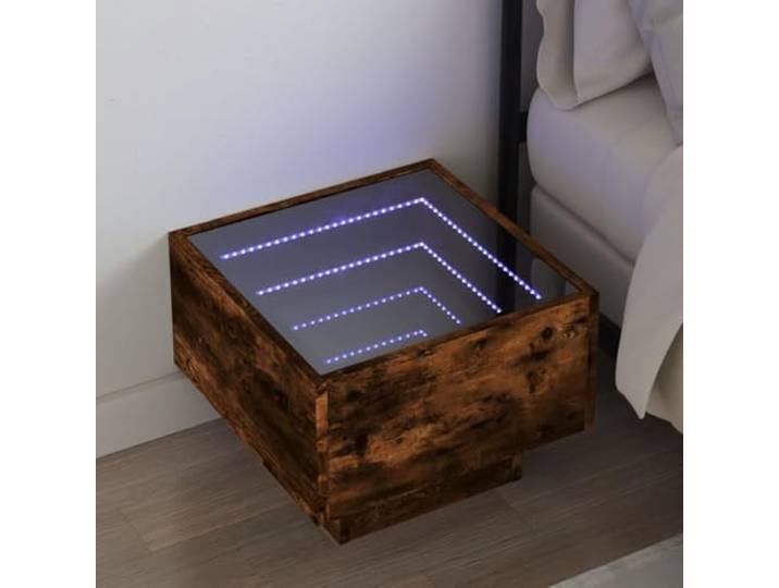 HEFZGDB Nachttisch mit Infinity-LED Beleuchtung Räuchereiche 40x40x30 cm RGB Beleuchtung stabile Tischplatte USB Anschluss für personalisiertes Ambiente