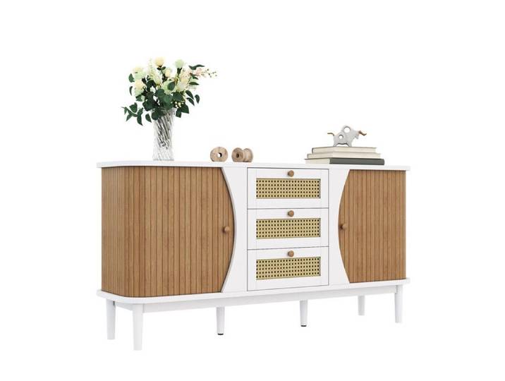 Buffet commode en rotin commode à portes coulissantes étagères réglables plateau bombé