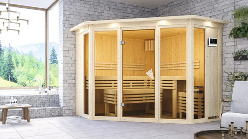 Elementsauna Karibu Armira 2 inkl. 9 kW Ofen u.ext.Steuerung mit Dachkranz und Ganzglasfensterfront