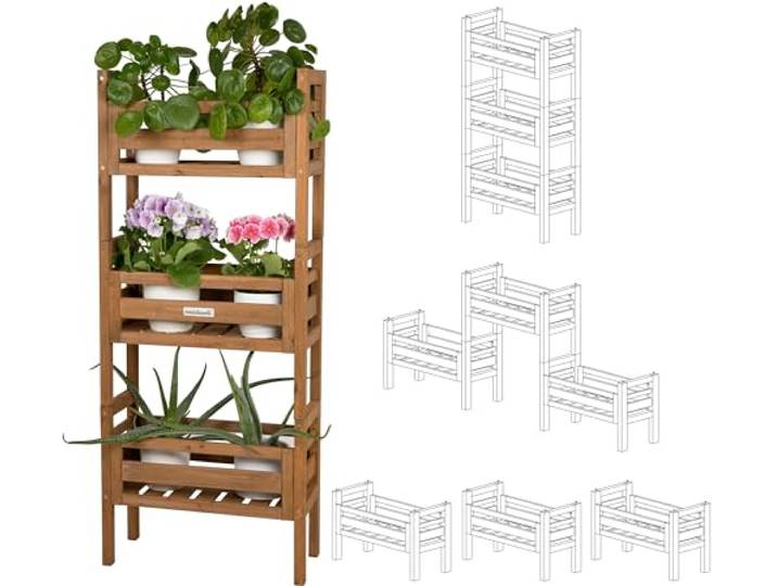 needs&wants® 3-in-1 houten plantenstandaard stapelbaar, plantenrek voor binnen/buiten, bruin