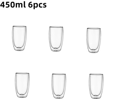 Inspire Essentials Double Wall Insulated Glass Coffee Cups Clear Espresso Mugs For Hot And Cold Drinks 450ml 6pcs