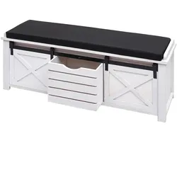Décoshop26 - Bank mit Staufächern gepolsterte Bank aus Massivholz im Vintage-Look 43x102x33cm weiß 04_0001094