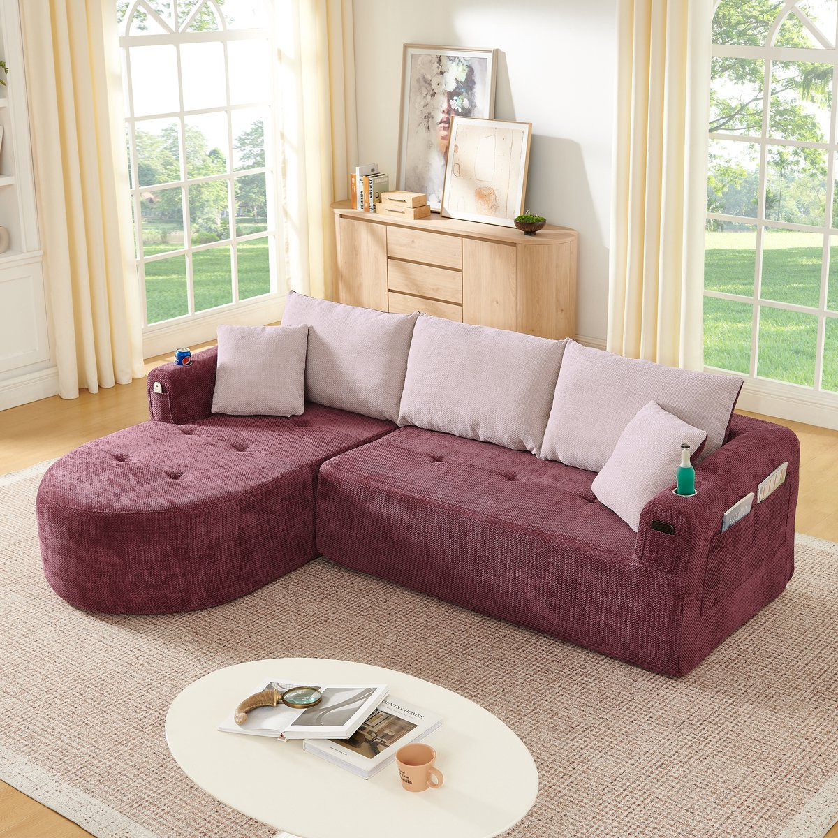 L-Bank Moderne L-vormige Hoekbank Cloud Couch met Bekerhouder en Zijvakken, Rood