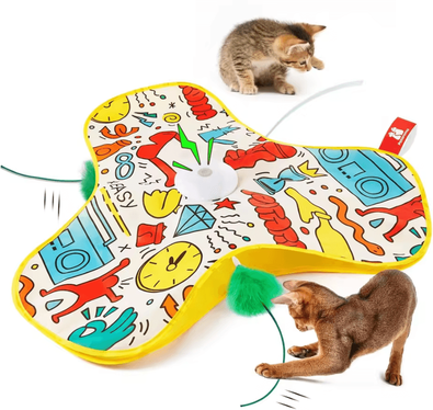 Inspire Curations WhiskerHide Interactive Motion Cat Toy With Squeaky Mouse & Feather Teaser yellow