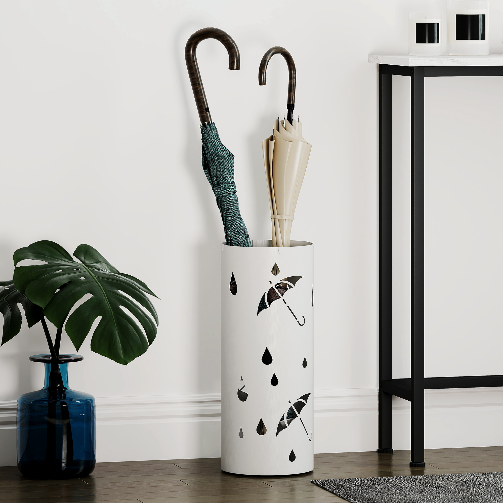 Homcom Portaombrelli Cilindrico con Vassoio di Raccolta Rimovibile e 4 Ganci, Ø17x41 cm, Bianco   Aosom Italy