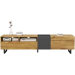 Fernsehschrank 170x36x42 in Antik Dunkelgrau-Natur mit 3 Türen, 2 offenen Fächern und robusten schmiedeeisernen Beinen