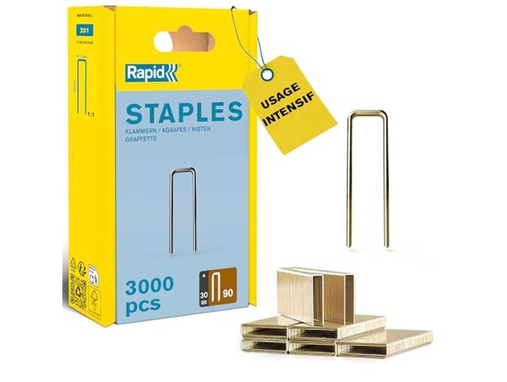 Rapid - Agrafes étroites n°90/ 30mm - 3000pcs - Emballage FSC (5000125) Fil galvanisé\, Haute performance - Pointes affûtées recouvertes de résine - Pour l'agrafeuse pneumatique PBS151 Rapid