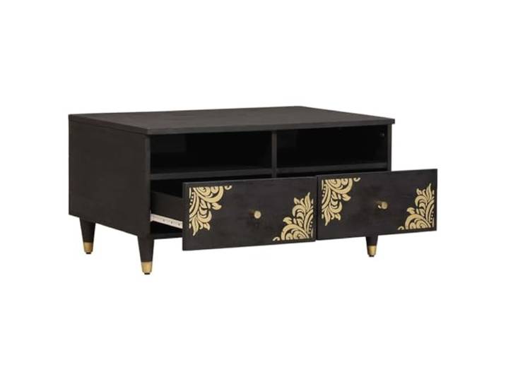 IBUQDDV Couchtisch Schwarz 80 x 54 x 40 cm Massivholz Mango Mit Tür, handgemalte Oberfläche, Messingknöpfe, konische Messingbeine, Mid-Century-Look