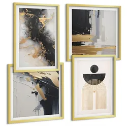 BILDER SET 4er Set - 50x50 cm & 40x60 cm Goldrahmen - Abstrakte Geometrie-Komposition