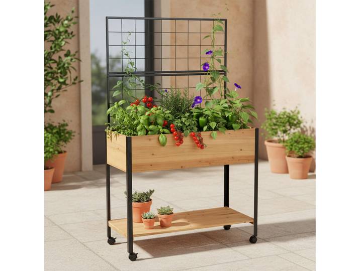 Relaxdays Hochbeet Natur Schwarz mit Rankgitter 165x102x47,5 cm, Mehrfarbig, Holz, Metall, 102x165x47.5 cm, Gartenzubehör, Hochbeet