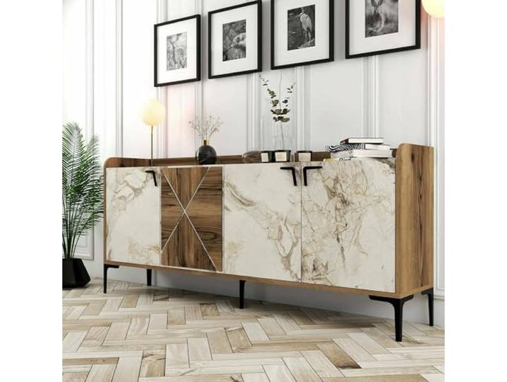 Dmora - Konsolentisch Deneb, Wohnzimmer-Sideboard, niedriger TV-Schrank, ausgestatteter Wandsockel, 180 x 35 h78 cm, Walnuss und weißer Marmor