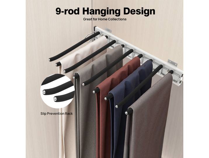 Cintre télescopique pour pantalons à 9 barres, organisateur de garde-robe, rail coulissant silencieux et installation facile, capacité de 30-35 LBS pour pantalons/cravates/écharpes