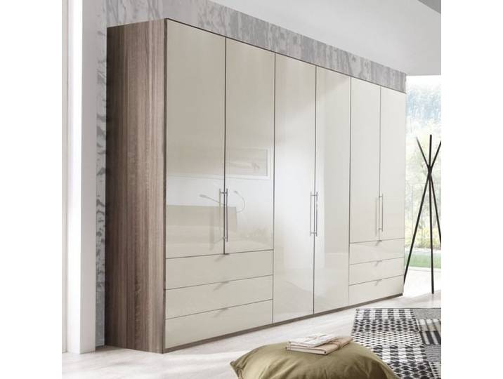 Falttüren-Kleiderschrank Tiko Eiche Dekor mit Glasfront und Schubladen Schubkasten H:236cm/B:250cm/T:58cm Sand Soft-Close modern