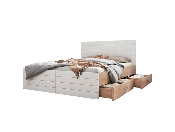 Redom Doppelbett 160/200 cm aus Massivholz und MDF mit Lattenrost, 2 Schubladen und Matratze, Weiß/Eiche, 160x200 cm, Schlafzimmer, Betten