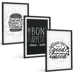 BILDER SET 3er Set - 40x60 cm Schwarzer Rahmen - Grafiken, Lebensmittel, kulinarische Slogans