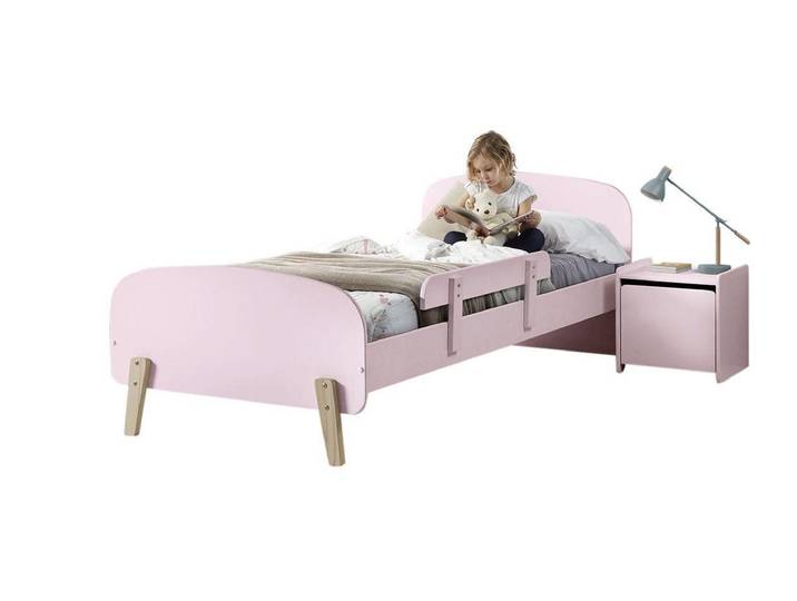Natur24 Bett Kiddy Set aus Bett, Absturzschutz Lattenrost und Nachtkonsle in Rosa
