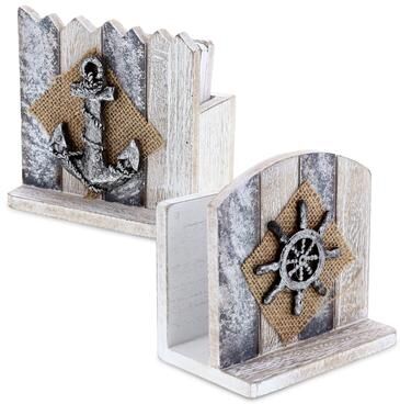 CoTa Global Silver Sea Nautical Wooden Napkin Holder and Coaster, 2 Pc - 4.8″Lx4.78″Wx3.2″H