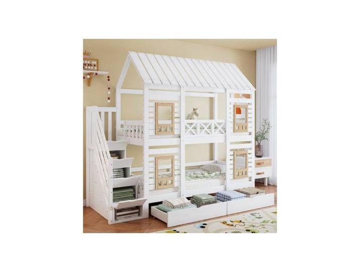 Lit superposé cabane - MERAX - 90x200 - Escalier à rangements - 2 tiroirs - Garde-corps intégral