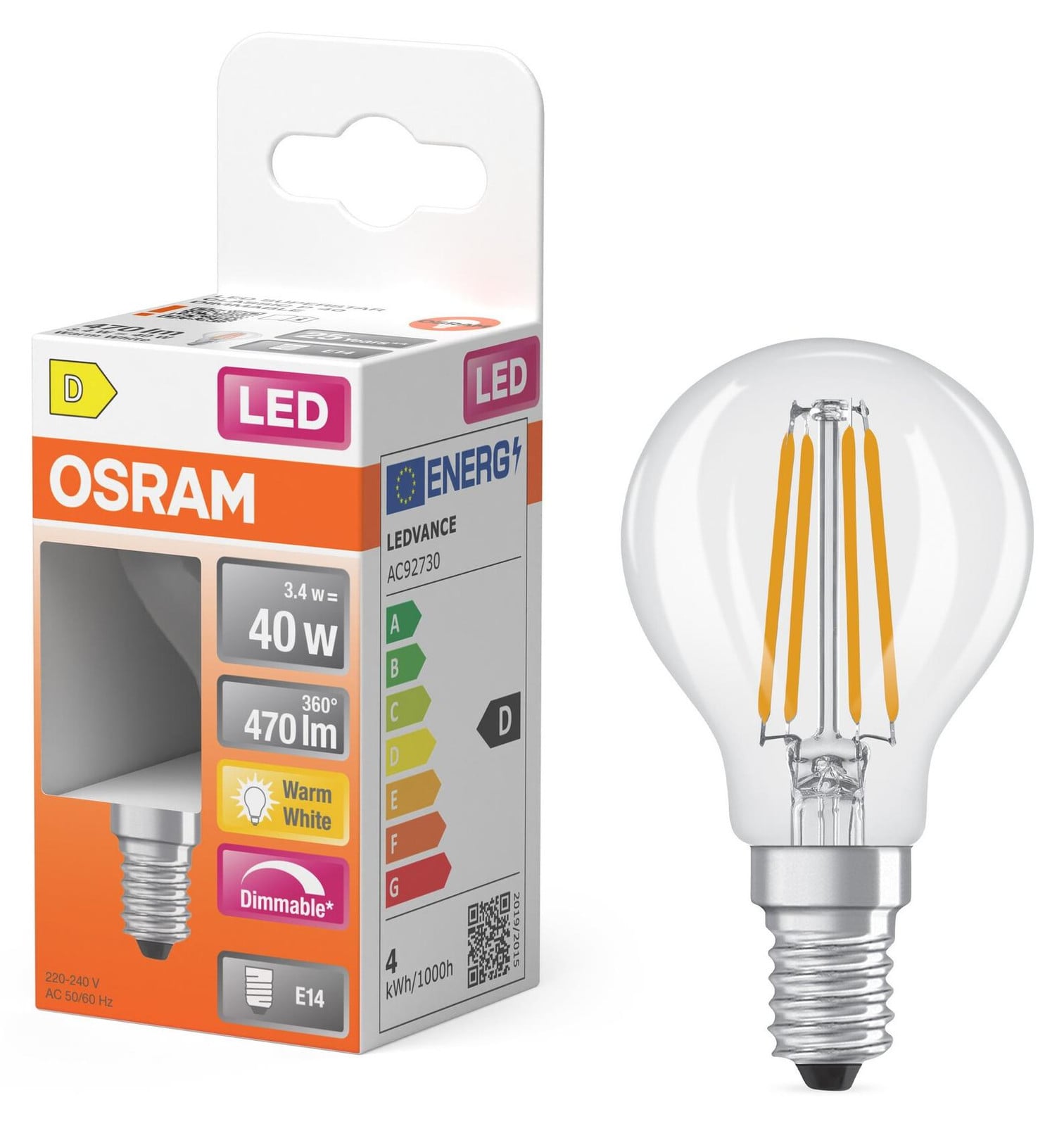 Osram LED-druppel filamentlamp, E14, 3,4W, transparant