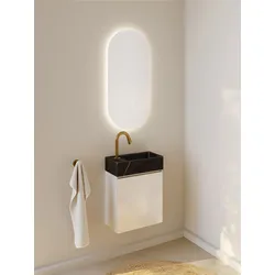 RIHO Spring Marble Tiny Wash-Set, Waschtisch mit Unterschrank, eine Tür, 1 Hahnloch rechts, 40x20x42cm, Marmor schwarz, F001576R01, Farbe: Weiß Hochglanz Lack