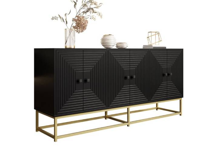 Buffet bas noir mat 160 cm à 6 portes relief décoratif et pieds métalliques