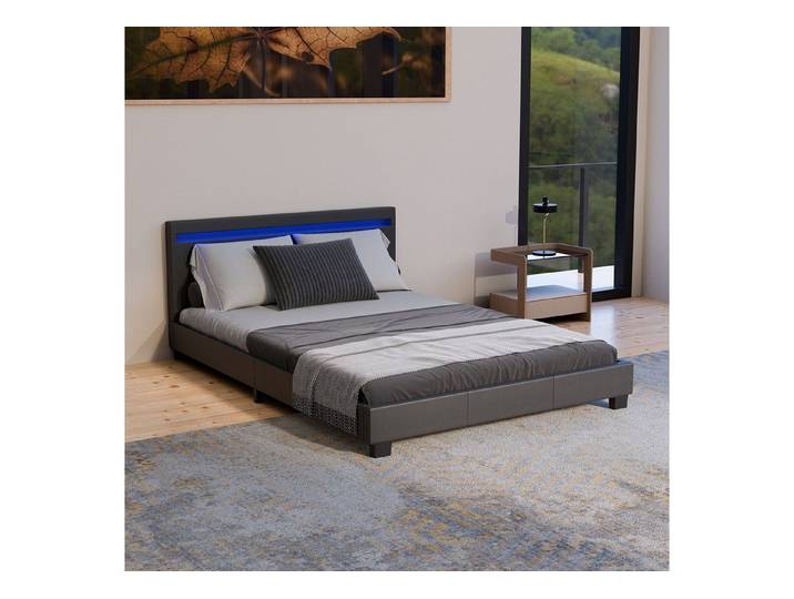 Juskys Polsterbett Paris, 140x200 cm, bunte LED-Beleuchtung, Kunstleder, weiches Kopfteil