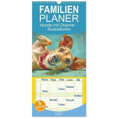 Familienplaner 2027 - Hunde mit Charme - Illustrationen mit 5 Spalten (Wandkalender, 21 x 45 cm) CALVENDO