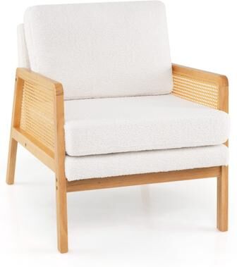 Costway Mid Century Modern Accent Chair with Rattan Arms and Cushion-Natural