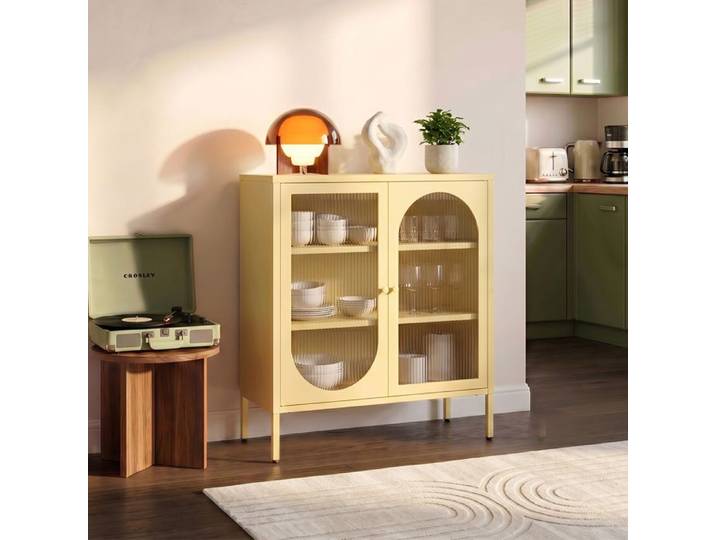 Buffet industriel en métal 2 portes jaune pastel et verre cannelé 80cm KURT