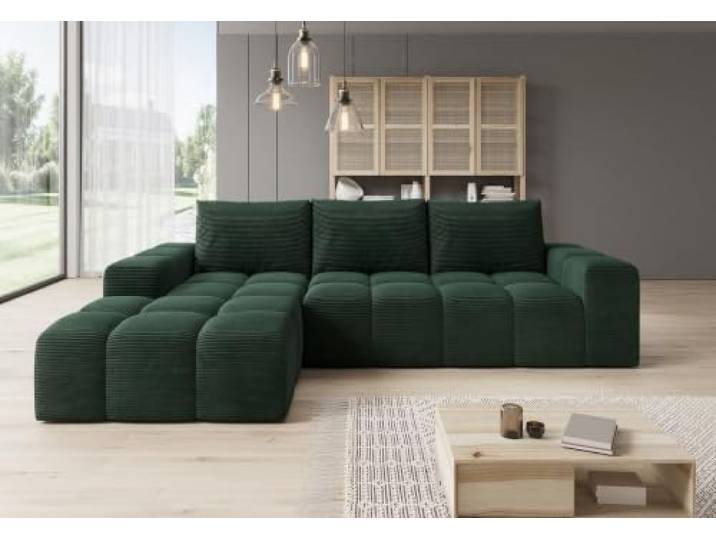möbelfest Molli Ecksofa L‑Form – Rechts/Links & 4 Farben Cord‑Stoff (Dunkelgrün, Links)