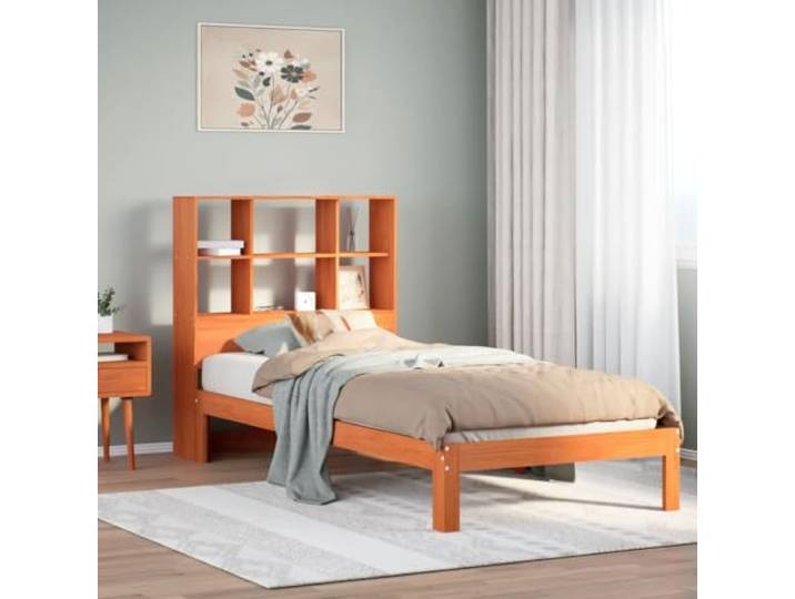 RJPLMFV Bücherbett, massives Kiefernholz, 100 x 200 cm, Braun Ohne Matratze, Lattenrost inklusive, integrierte Aufbewahrung, ersetzt Nachttisch